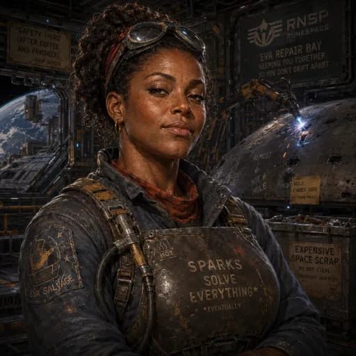 EVA salvage welder in a dark repair suit with welding equipment and protective gloves