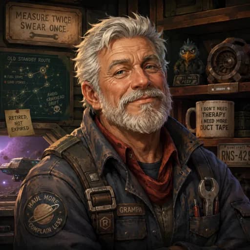 Elderly grandfather mechanic with a white beard, red scarf, and tools in a spacecraft workshop