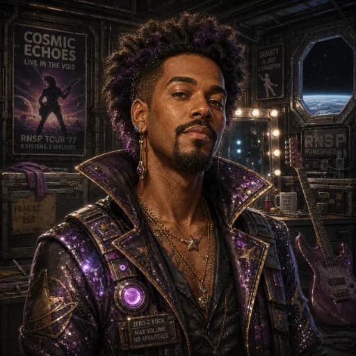 Zero-G rock star in a glittering purple jacket with a guitar in a dressing room