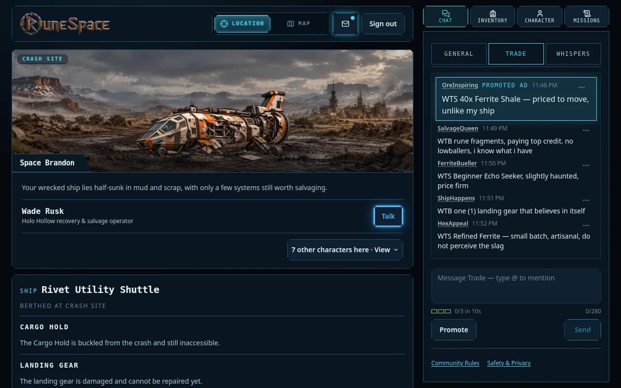 Trade chat channel with player listings and a promoted trade ad